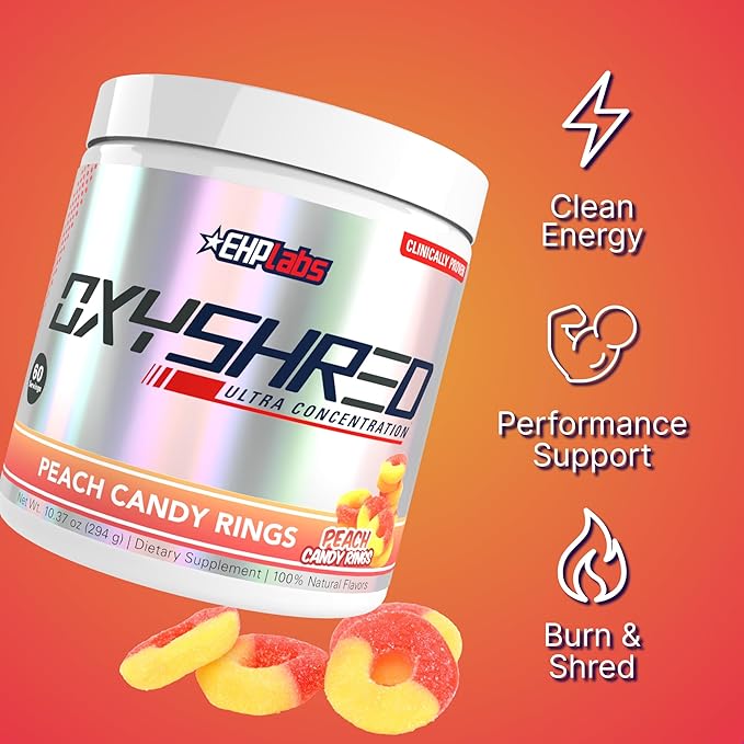 EHP Labs OxyShred Pre Workout Powder - Preworkout Powder with L Glutamine &amp Acetyl L Carnitine Energy Boost Drink - Peach Candy Rings 60 Servings