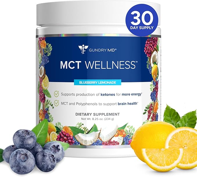 Gundry MD MCT Wellness Powder to Support Energy Ketone Production and Brain Health Keto Friendly Sugar Free (30 Day Supply Blueberry Lemonade)