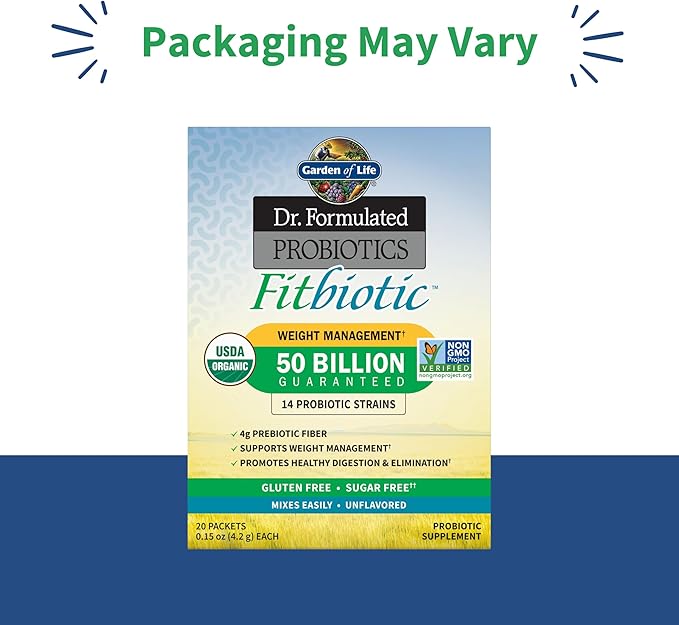 Garden of Life Dr. Formulated Probiotics Fitbiotic Weight Management Powder50 Billion CFU &amp Prebiotic FiberOrganic &amp Non-GMO Digestive Gut Health Probiotic Supplement20 Serving Packets(Pac