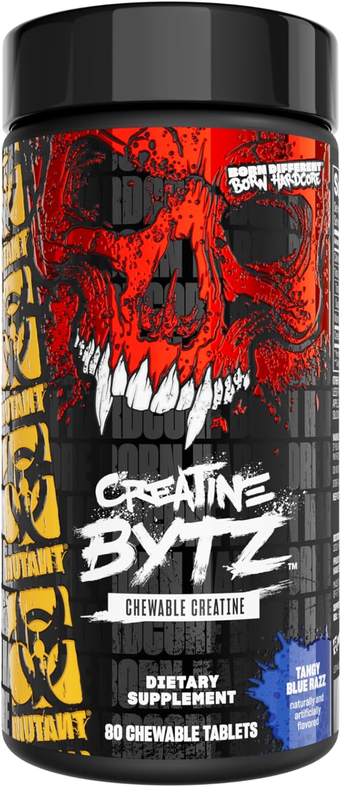 Mutant Creatine Bytz – Sugar-Free Chewable Creatine Tablets for On-The-Go Use – 5g Creatine Monohydrate Per Day – Pre Workout &amp Post Workout Protein Support – 80 Tablets – Tangy Blue Razz