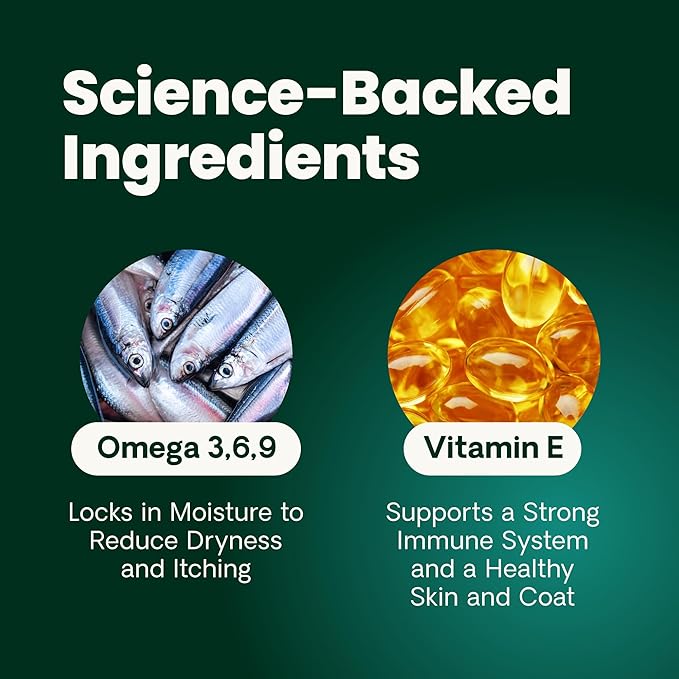 VetriScience Omega Healthy Skin and Coat Capsules 369 Fish Oil Supplement for Dogs and Cats Reduce Shedding Over 750 mg Omega Fatty Acids per Capsule Gel Caps 90 Count