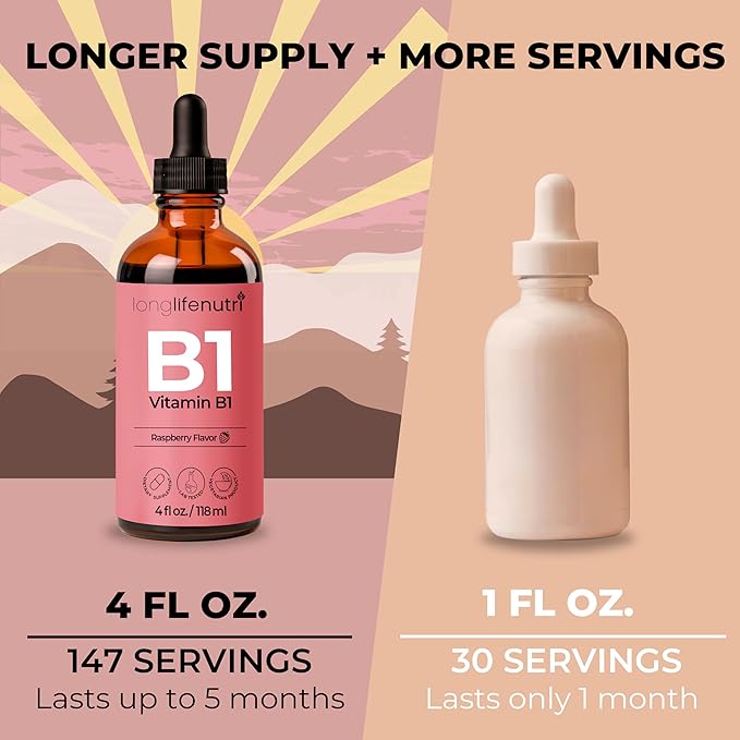 LongLifeNutri Vitamin B1 Liquid Drops - Thiamine Mononitrate Organic Supplement for Energy and Nerve Health Fast Absorption 4 FL OZ 5-Month Supply Lab Tested Made in USA
