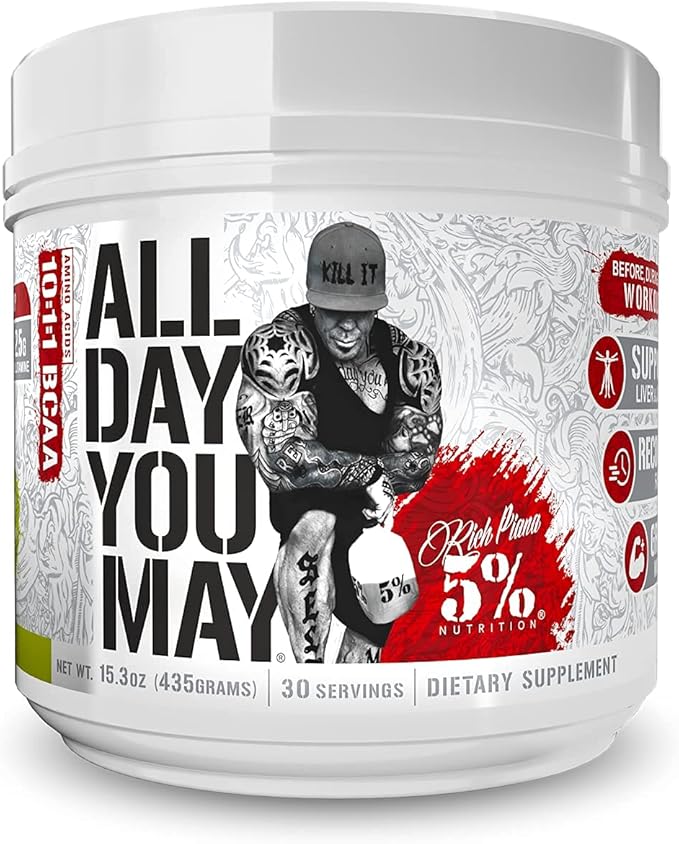 5% Nutrition Rich Piana AllDayYouMay BCAA Powder Premium Intra &amp Post Workout Amino Acids Hydration Endurance Muscle Recovery Joint &amp Liver (Lemon Lime)