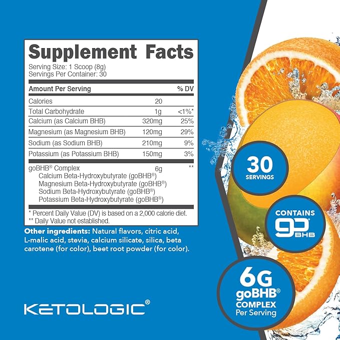 Ketologic Keto BHB (Orange Mango Flavor) 30 Servings - Exogenous Ketone Supplement with goBHB Beta-Hydroxybutyrate Salts