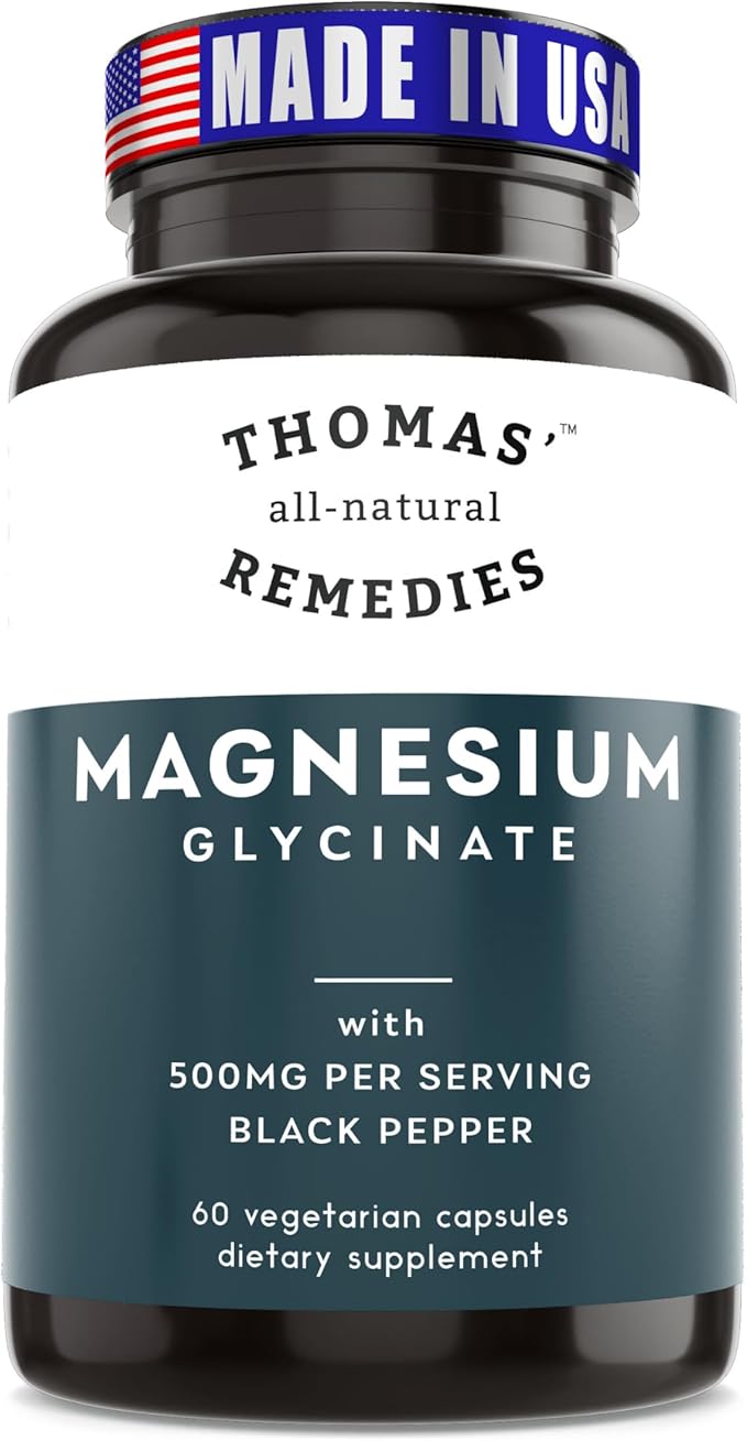 Thomas' all-natural Remedies Magnesium Glycinate Supplements High Absorption Dietary Supplements for Muscle and Bone Support Non-GMO No Fillers 60 Vegan Capsules 500mg per Serving