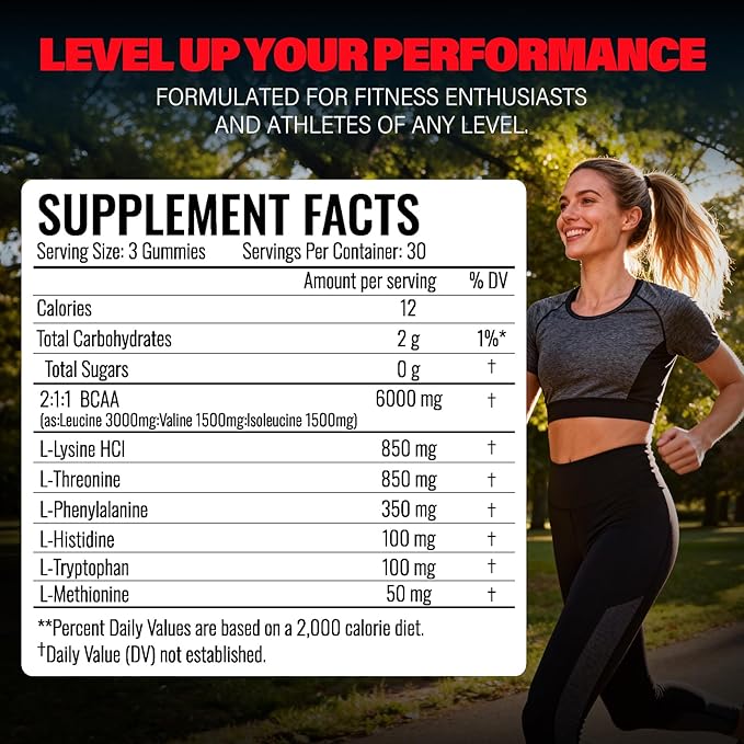EAA Gummies - 2:1:1 BCAA Formula (8300mg) - Essential Amino Acids for Muscle Recovery &amp Endurance - Non-GMO Gluten Free Sugar Free Vegetarian Strawberry Flavor - 90 Count