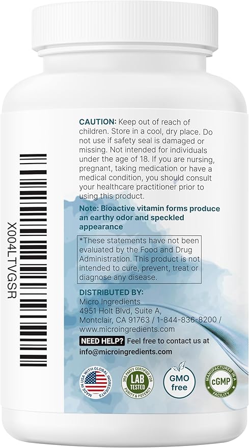 Micro Ingredients Pure Methylated B Complex 240 Capsules | 11-in-1 Formula with Methylfolate B12 Thiamin Inositol Choline &amp Fat Soluble Vitamin C | Clean Ingredients Without Fillers | Non-GM