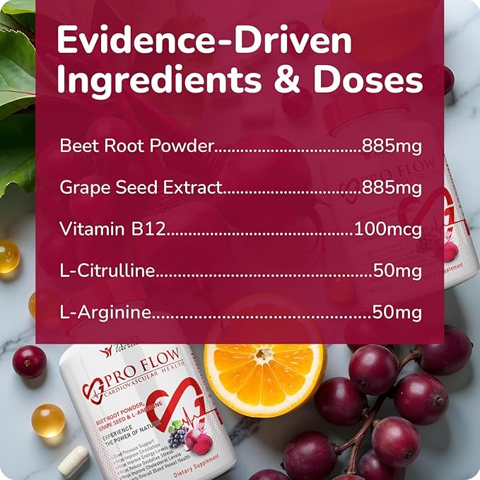 Pro Flow Circulation Support Supplement – 90 Beet Root Capsules with Grape Seed Extract L-Arginine Vitamins B12 beet root extract capsules Blood Circulation Supplement - 90 Capsules