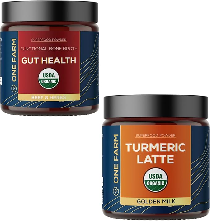 One Farm Organic Turmeric &amp Gut Health Powder Bundle More Than 5% Curcuminoids Bone Broth Prebiotics Adaptogens &amp Mushrooms – USDA Organic Non-GMO Grass-Fed Digestive &amp Immune Suppor