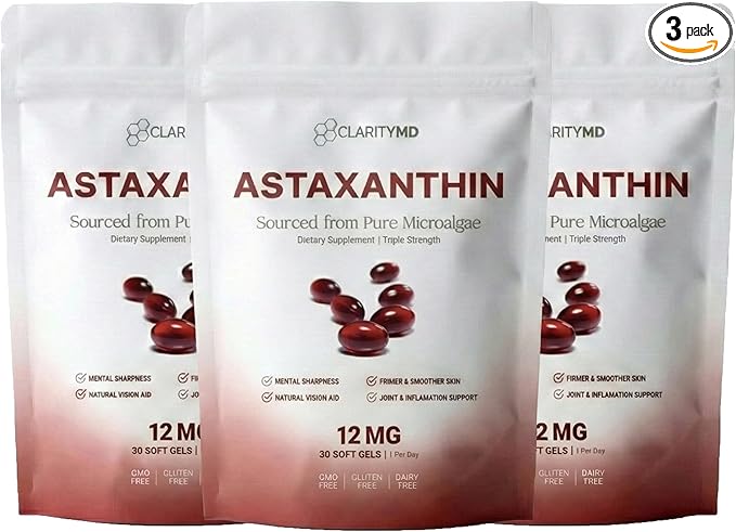 Astaxanthin 12mg Antioxidants Supplement – Natural Microalgae Source – Lipid-Based Softgel for Enhanced Absorption – Cognitive Vision &amp Joint Support – 30 Softgels (Pack of 3)