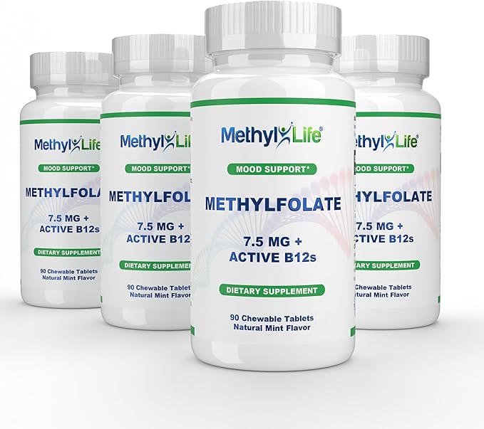 Methyl-Life® Pure L-Methylfolate 7.5mg + Vitamin B12 (Hydroxy B12 &amp Adenosylcobalamin) | Active 5-MTHF Calcium with Cerebrofolate® | Vegan Non-GMO Gluten-Free | 90 Chewable Tablets