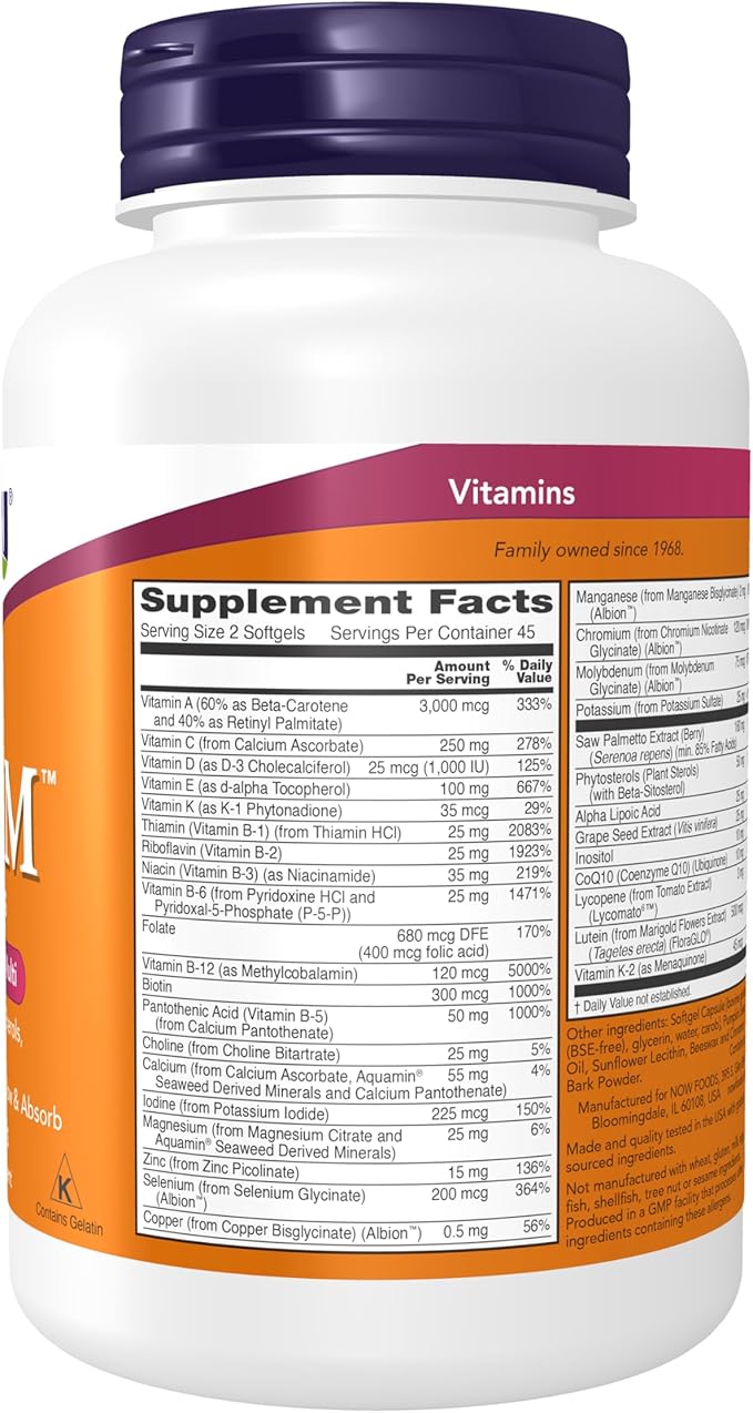 NOW Supplements ADAM™ Men's Multivitamin with Saw Palmetto Plant Sterols Lycopene &amp CoQ10 90 Softgels