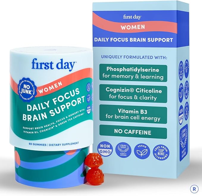 FIRST DAY Women’s Brain Gummies for Focus Memory &amp Clarity | Cognizin® Citicoline + Phosphatidylserine | Natural Sustained Energy Peach Flavor Vegan Non-GMO | 30-Day Supply