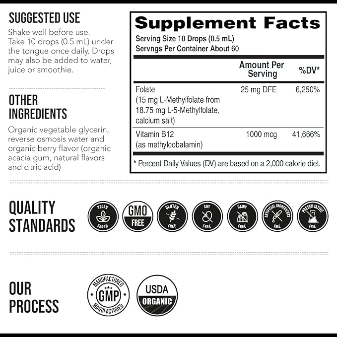 L Methyl Folate 15mg Plus Methyl B12 Cofactor – Organic Berry Flavor High Potency Liquid Sublingual Active 5-MTHF Form - Supports Mood Methylation Cognition – Bioactive Forms Vitamin B9 &amp B12 (