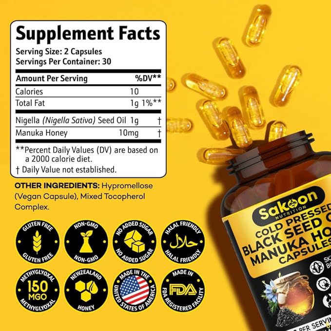 Black Seed Oil Capsules - With New Zealand Manuka Honey Cold Pressed Turkish Nigella Sativa Oil 2% Thymoquinone Immune &amp Digestive Support Made in USA 60 Count 1010mg per serving