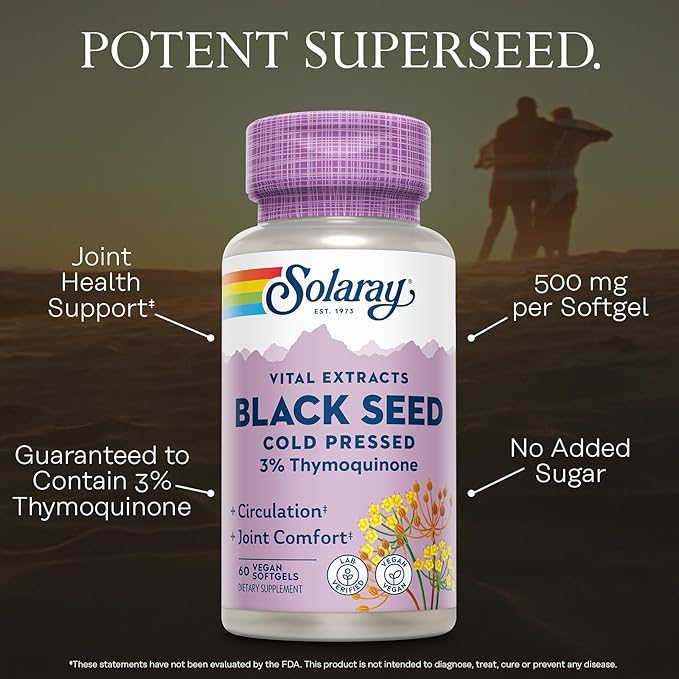 SOLARAY Black Seed Oil Supplements w/ 3% Thymoquinone - a.k.a. Black Cumin Seed Oil - Joint Health Support - Cold Pressed Vegan Lab Verified 60-Day Guarantee - 60 Softgels 60 Servings