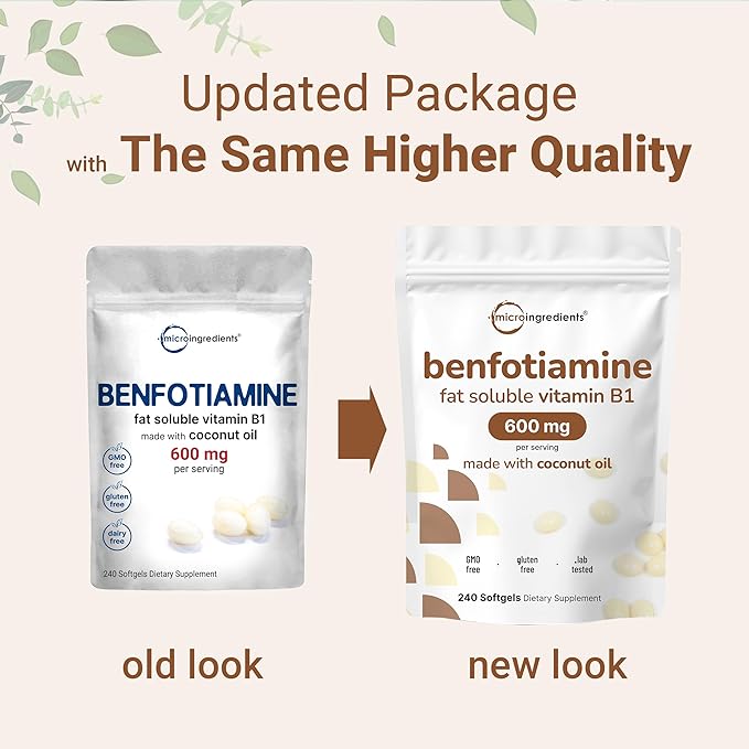 Vitamin B1 Benfotiamine 600mg Per Serving 240 Coconut Oil Softgels | Bioavailable B Vitamins Supplement Converted to Active Thiamine | Non-GMO Soy Free