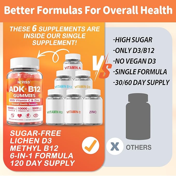 Sugar-Free ADK+Vitamin B12 Gummies - Vitamin D3 K2 10000IU/ 5000IU B12 5000mcg 2500mcg K2 (MK-7) 240mcg Multivitamin Adults-Vitamin AVegan Vitamin DMethyl B12CZinc-EyeBoneEnergyNerveImmune
