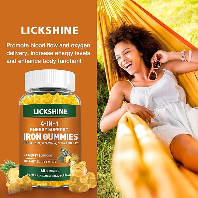 lickshine 2 Pack Vegan 100MG Iron Supplement Gummies for Women &amp Men - with Vitamin C A B for Adults &amp Kids - Energy Support for Iron Deficiency Anemia - Pineapple Flavor (120 Ct)
