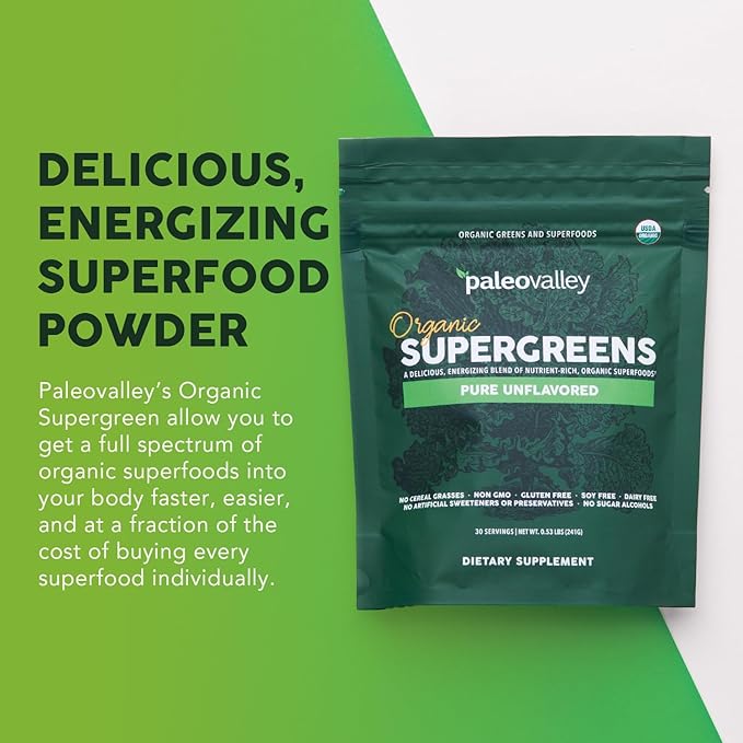 Paleovalley Organic Supergreens Powder - 23 Superfoods with Prebiotic Fiber for Energy and Immunity Support - No Cereal Grasses for Maximum Absorption - Pure Unflavored 30 Servings