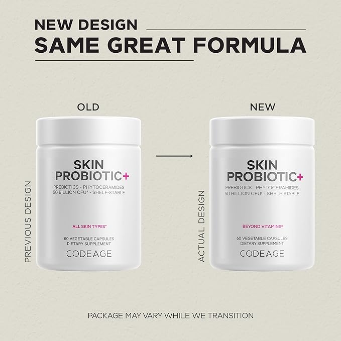 Codeage Skin Probiotics + Prebiotics - Skin Care Routine Supplement - 50 Billion CFU - Ayurvedic Botanical Herbs - Face Probiotics - Shelf Stable Cleanser Non-GMO Vegan - 60 Capsules
