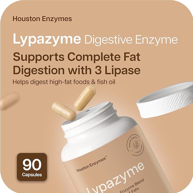 Houston Enzymes – Lypazyme Lipase Digestive Enzymes for Women and Men –120 Capsules – 3 Enzyme Blend for Complete Breakdown of Triglyceride Fats Enzyme for Digestion of High-Fat Meals &amp Fish Oil
