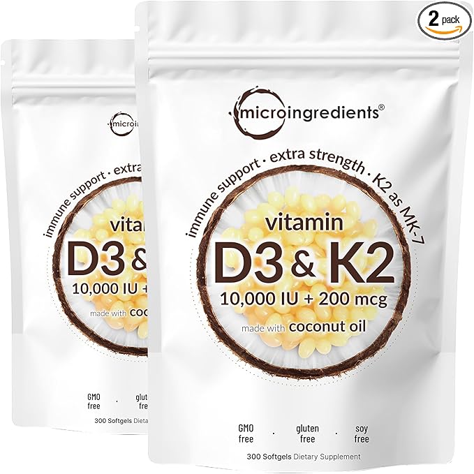 Micro Ingredients Vitamin D3 10000 IU + K2 MK-7 200 mcg 600 Softgels with Virgin Coconut Oil (2 Pack) | 2-in-1 Vitamins D &amp K Complex | Extra Strength Easy to Swallow Non-GMO Gluten Free