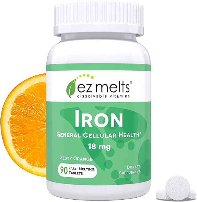 EZ Melts Iron - Supplement for Daily Energy &amp Iron Support - with Vitamin C - No Artificial Flavors - Non-GMO &amp Vegan - Zesty Orange - 90 Dissolvable Tablets (90 Servings)