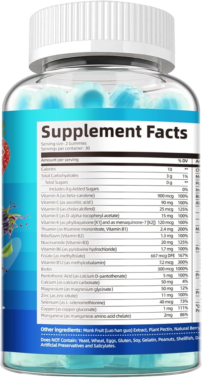Multivitamin for Men Mens Multivitamins Gummies w/Omega-3 Probiotics Inositol Folate Biotin Zinc Vitamins A C D E B Support Heart Brain Muscle Energy Sugar-Free Berry Flavor