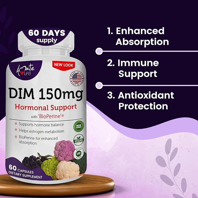 Women’s DIM Complex 150mg - Bioperine Estrogen Balancing Pills for Menopause &amp Hot Flashes Relief Support Hormonal Acne Powerful Supplement - Pack of 2 (60 Count per Bottle) Made in USA