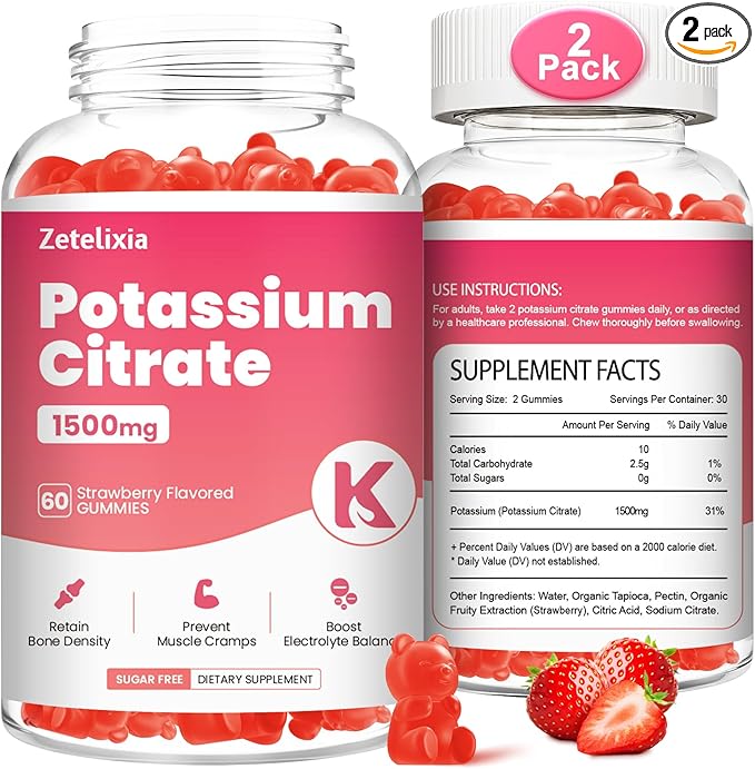 2 Pack Potassium Gummies for Adults Women &amp Men Potassium Citrate Supplement Support Leg Cramps Muscle Health &amp Electrolyte Balance Sugar Free Organic Vegan Strawberry 120 Cts