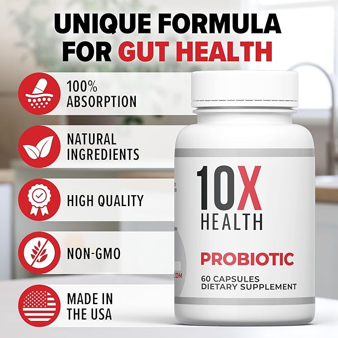 10X Health Probiotics for Men - 60 Capsules Immune Support Supplement &amp Probiotics for Digestive Health with Lactobacillus Rhamnosus Acidophilus &amp Bifidobacterium Probiotic for Gut Health
