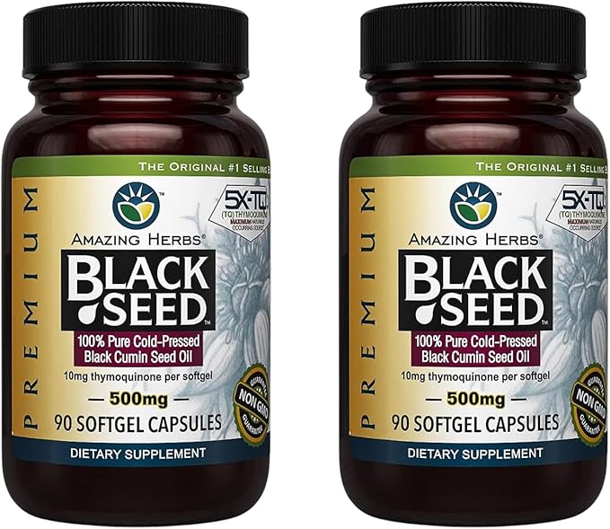 Amazing Herbs Premium Black Seed Oil Capsules - Gluten Free Non GMO Cold Pressed Nigella Sativa Aids in Digestive Health Immune Support- 90 Count (Pack of 2)