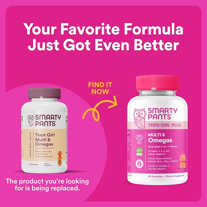 SmartyPants Teen Girl Multivitamin Gummies: Omega 3 Fish Oil (EPA/DHA) Vitamin C D3 B12 Vitamin A K &amp Zinc Gluten Free Includes Biotin to Support Hair Skin &amp Nails 120 Count (30 Day S