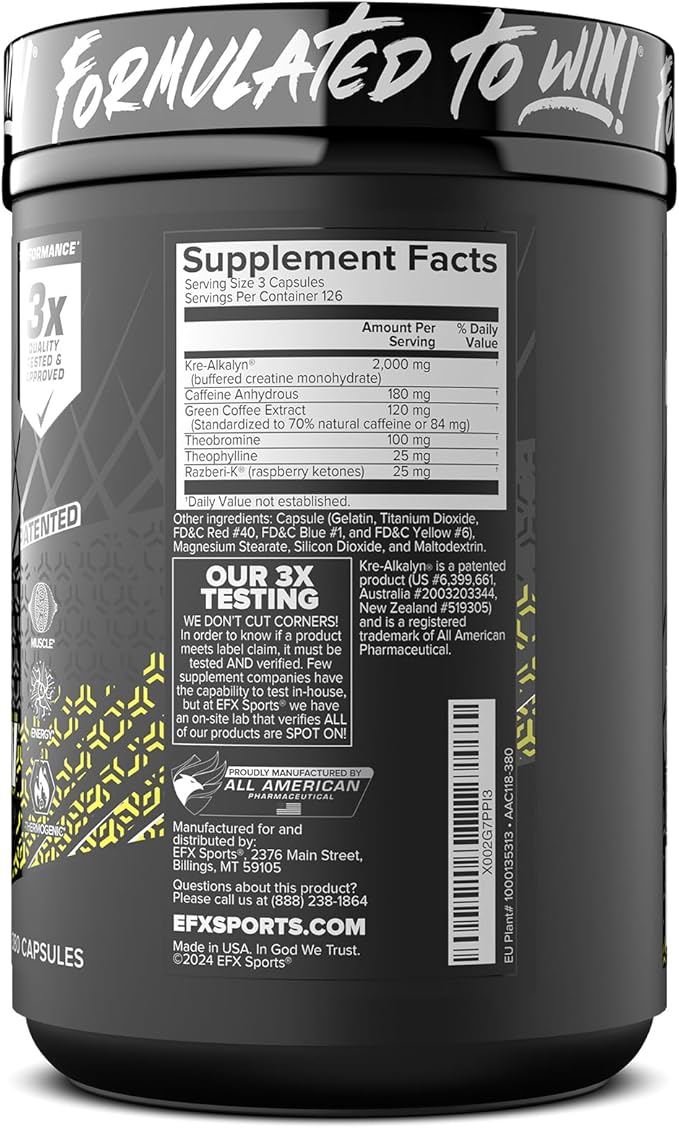EFX Sports Kre-Alkalyn Hardcore | Thermogenic pH Correct Creatine Monohydrate Pill Supplement | Energy &amp Strength Pre Workout | 126 Servings 380 Capsules