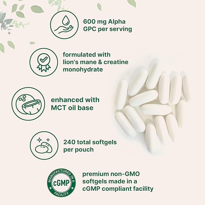Micro Ingredients Alpha GPC 600mg per Serving with MCT Oil 240 Softgels – Bioavailable Choline Supplement with Creatine Monohydrate &amp Lion’s Mane – Non‑GMO cGMP Manufactured