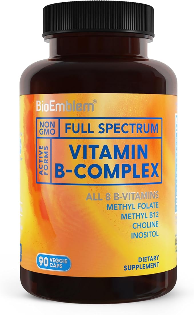 BioEmblem Vitamin B-Complex - All 8 Active Forms with Methyl Folate Methyl B12 B6 Biotin Plus Choline Inositol Supports Energy Metabolism Brain Heart Health - B Vitamin Supplement 90 Capsules