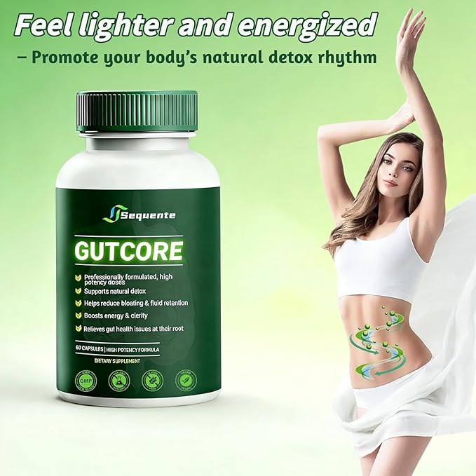 Sequente GutCore Max Strength Gut Drainage Capsules – Fast Bloat Relief &amp Gentle Detox for Clear Skin | Vegan All-NaturalNon-GMO (60 Caps)