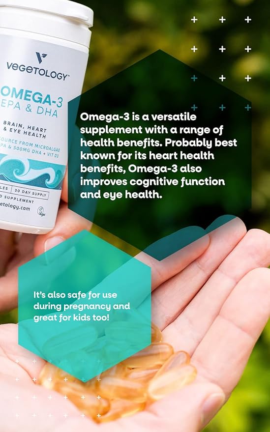 Vegan Omega 3 Supplement – EPA DHA Supplements &amp Vitamin D3 – Algae Omega 3 Vegan Supplements for Brain Eye &amp Heart Health – for Kids &amp Adults (180 Capsules)