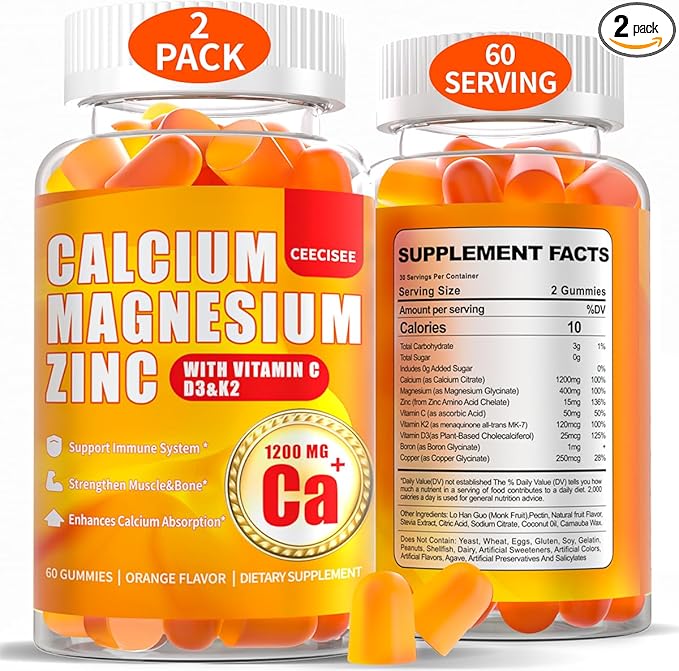 Calcium Magnesium Gummies for Women Men: 1200mg Calcium Citrate Zinc Gummy with Vitamin C D3 K2 - Vegan Sugar Free Chewable High Absorption Enegy Immune Support Supplement(120Count)