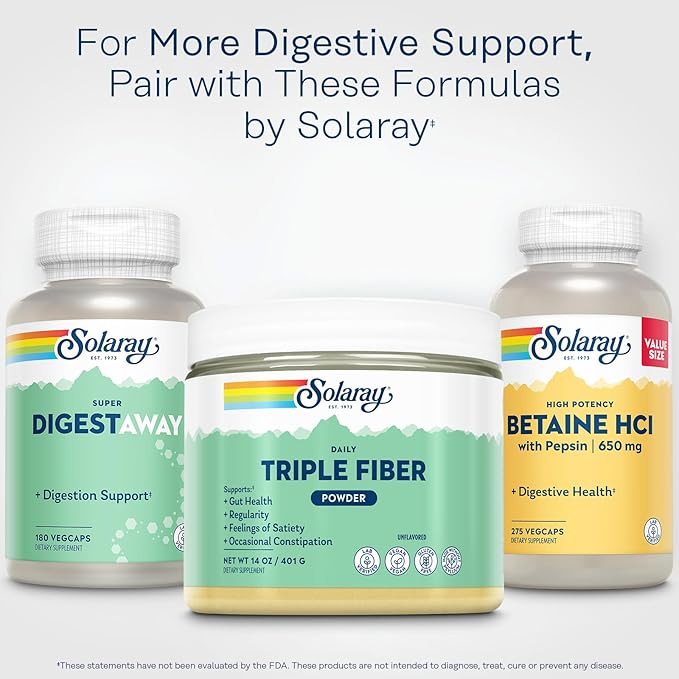 SOLARAY Triple Fiber Powder - Daily Fiber Supplement for Women and Men w/Prebiotics - Gut Health Occasional Constipation Digestive Health Support Unflavored Vegan Gluten Free 30 Servings 14oz