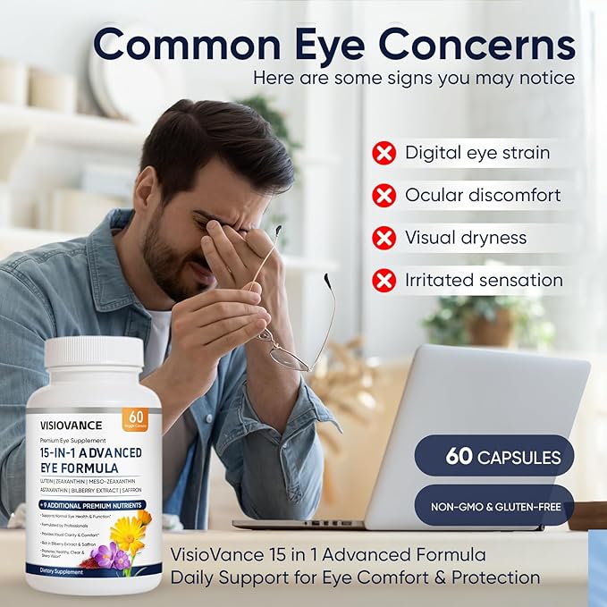 VisioVance 15 in 1 Advanced Eye Formula - Neurobella Eye Formula with All 3 Carotenoids Lutein &amp Zeaxanthin Bilberry Extract and Saffron 60ct(1)