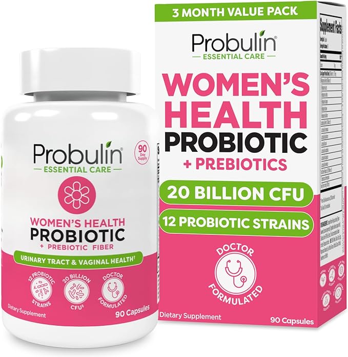 Probulin Womens Probiotic - Vaginal UT Gut &amp Immune Health with Lactobacillus Reuteri - 20 Billion CFU 12 Probiotic Strains &amp Prebiotics - 90 Vegan Gluten Free Capsules for Whole-Body Well