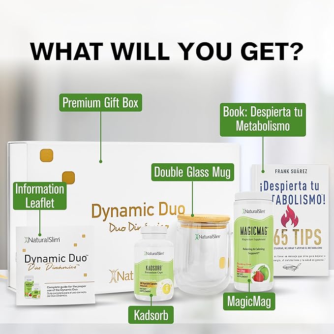 NaturalSlim Dynamic Duo Gift Set - Premium Wellness Kit with MagicMag Magnesium Powder Kadsorb Potassium Capsules Double Wall Glass Mug &amp Metabolism Book - Daily Energy Support System