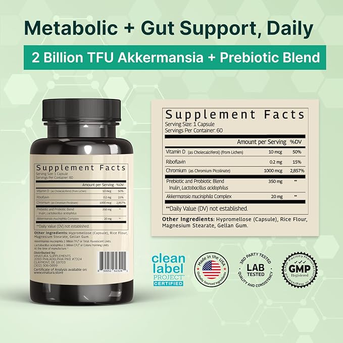 VINATURA Akkermansia Probiotic - Akkermansia Munciniphila Supplement GLP-1 Supplement - 60 Capsules