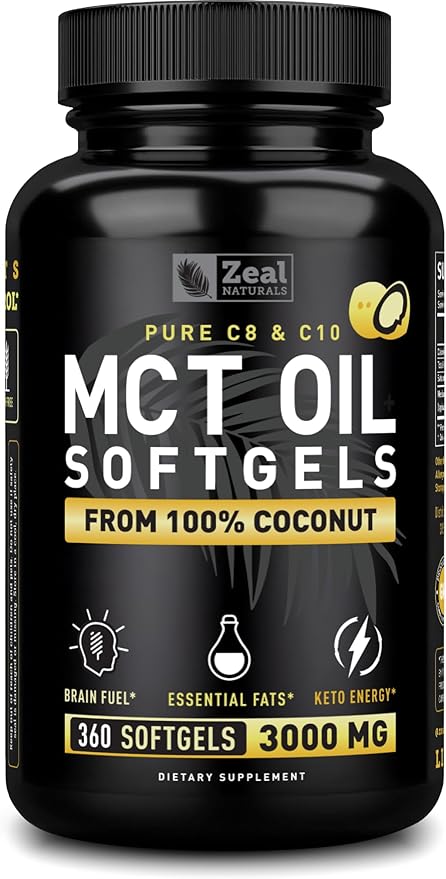 Zeal Naturals Pure MCT Oil Capsules - 3000mg 360 Softgels |C10 C8 MCT Oil Unrefined Coconut | Energy Support &amp Brain Fuel Supplement | Gluten-Free