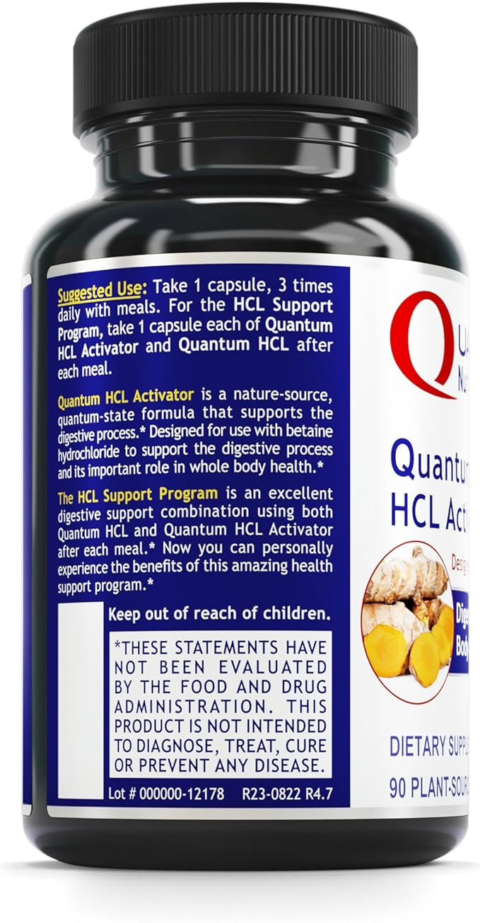 Quantum Nutrition Labs HCL Activator - Pepsin Digestive Enzymes Supplement for Optimal Digestive Function for Men &amp Women Low Stomach Acid Nutrient Absorption - 90 Vegetarian Capsules