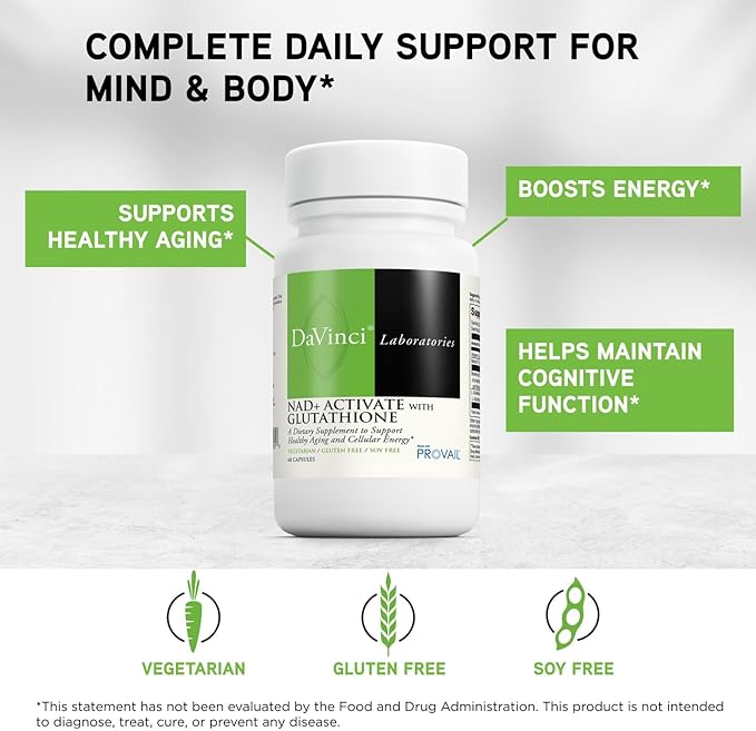 DAVINCI Laboratories NAD+ Activate with Glutathione - Cellular Energy Support Brain Health &amp Healthy Aging* - Vegetarian Soy Free &amp Gluten Free - 60 Capsules (30 Servings)