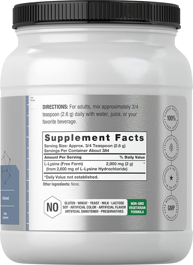 Horbäach L-Lysine Powder | 2.2 lbs | Unflavored Free Form Supplement | Vegetarian Non-GMO Gluten Free Formula