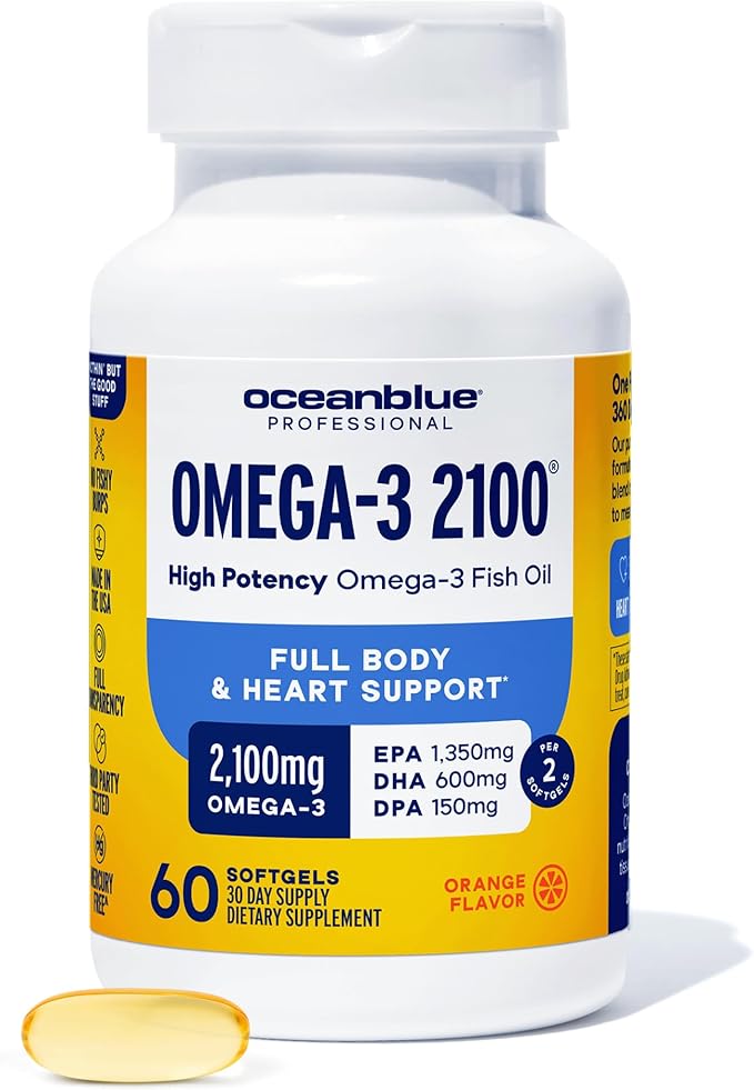 Oceanblue Professional Omega-3 2100mg Fish Oil Supplement Triple Strength High Potency EPA DHA &amp DPA Burpless Wild-Caught Natural Orange Flavor 60 Softgels (Pack of 1)
